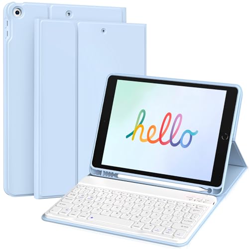 KVTVOU Tastatur Hülle für iPad Air 11 Zoll 2024, iPad Air 10.9 Zoll Air 5. / 4. Generation mit Stifthalter, Kabellose Abnehmbare Folio Schlanke Weiß Tastatur Hülle für iPad Air 11, Hellblau von KVTVOU