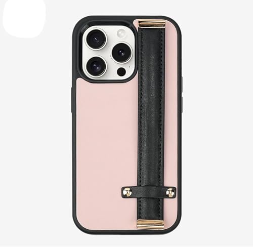 KXUISDUJ - Geeignet für iPhone 15 Pro Max/15 Pro/15 Handyhülle, hochwertige leichte Luxus-Leder-Schutzhülle mit Armbandhalterung, geeignet für Frauen und Mädchen, Khaki, Rosa von KXUISDUJ