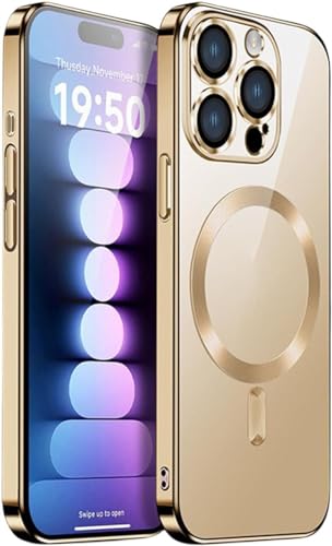 KXUISDUJ Schutzhülle für iPhone 15/15 Plus/15 Pro/15 Pro Max, vergilbungsfrei, galvanisiert, transparent, stoßfest, mit Kameralinsenschutzhülle, 15 Pro, Lila, Gold von KXUISDUJ