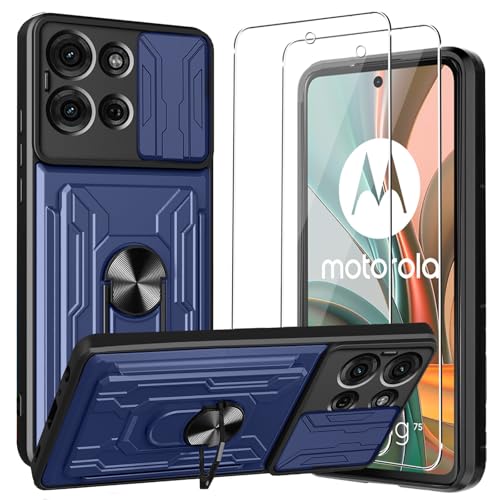 KZIOACSH Schutzhülle für Motorola Moto G75 + gehärtetes Glas [2 Pack], mit Kartensteckplätzen und Abdeckung für Kameralinse zum Schieben, 360° drehbarer Ringhalter, Blau. von KZIOACSH