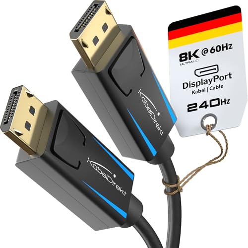 KabelDirekt – 8K / 60Hz DisplayPort Kabel 1.4 – 2x 2 m – DP Kabel mit lückenloser Schirmung für Gaming PCs/Laptops, hochauflösende 4K / 8K Gaming Monitore und ultraschnelle 144Hz / 165Hz / 240Hz von KabelDirekt