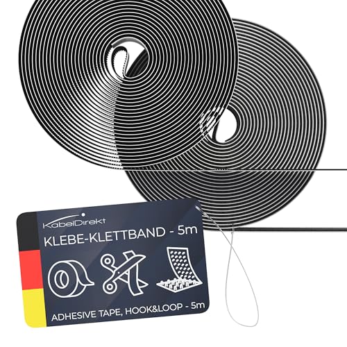 KabelDirekt – Klebe Klettband extra stark, selbstklebend – 5 m Rollen, 20 mm breit – zuschneidbare Klett-Rolle/Klettband zum Kleben, beidseitig (Klettverschluss/Hakenband & Flauschband zum Aufkleben) von KabelDirekt