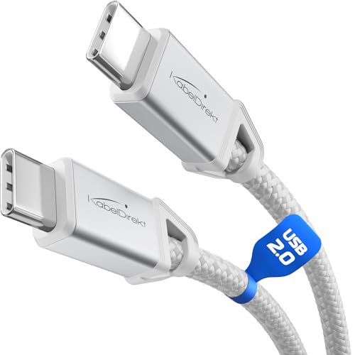 KabelDirekt – USB C Kabel zum Schnellladen, bruchfeste Metallstecker + Nylon-Braiding, USB 2.0 – 2x 2 m (lädt Handys/Laptops mit 60W, höchst robust, funktioniert als Ladekabel/Datenkabel, weiß) von KabelDirekt