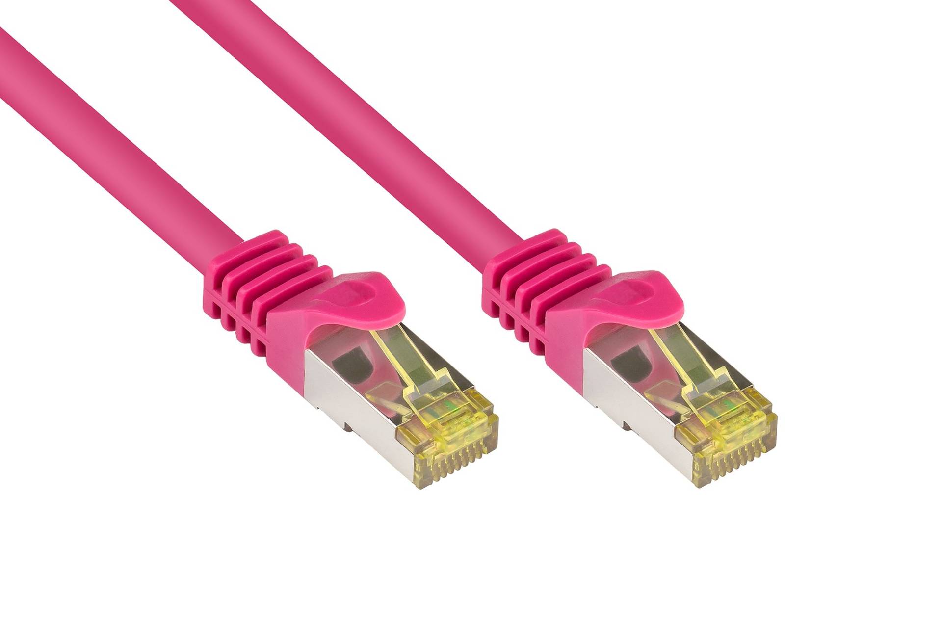 RJ45 Patchkabel mit Cat. 7 Rohkabel und Rastnasenschutz (RNS®), PiMF, halogenfrei, magenta, 0,5m von Kabelmeister