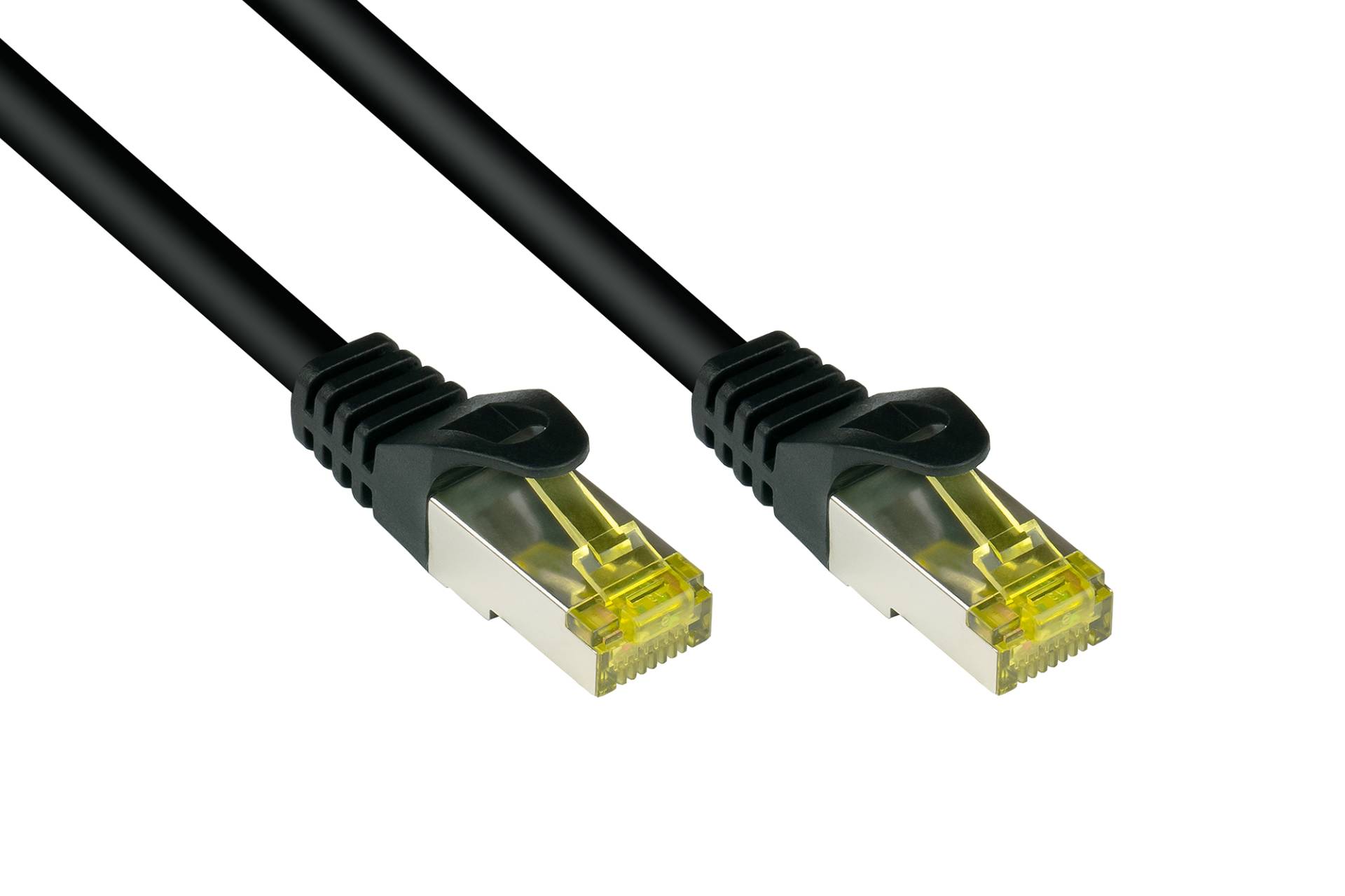 RJ45 Patchkabel mit Cat. 7 Rohkabel und Rastnasenschutz (RNS®), PiMF, halogenfrei, schwarz, 3m von Kabelmeister