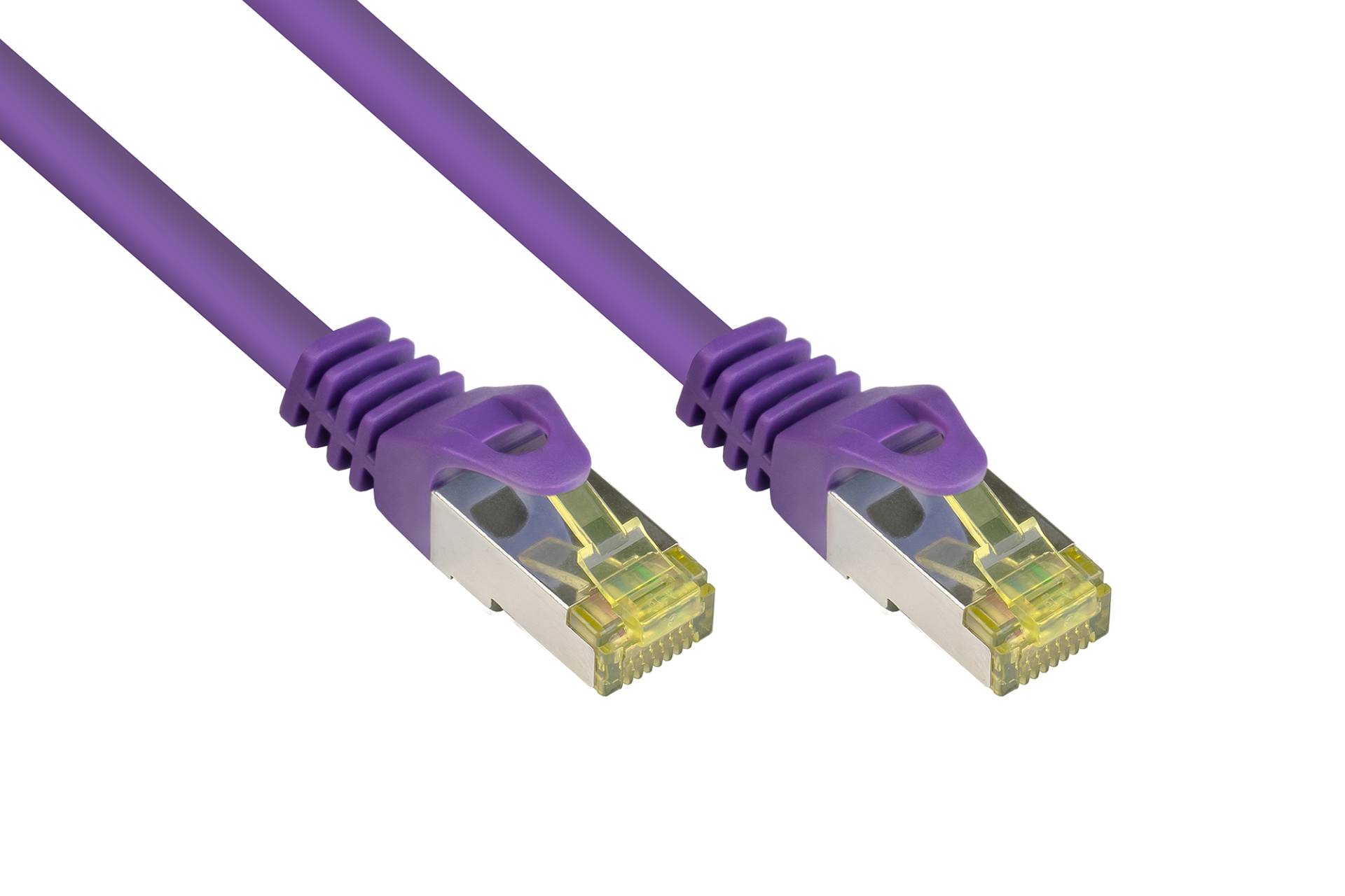 RJ45 Patchkabel mit Cat. 7 Rohkabel und Rastnasenschutz (RNS®), PiMF, halogenfrei, violett, 15m von Kabelmeister