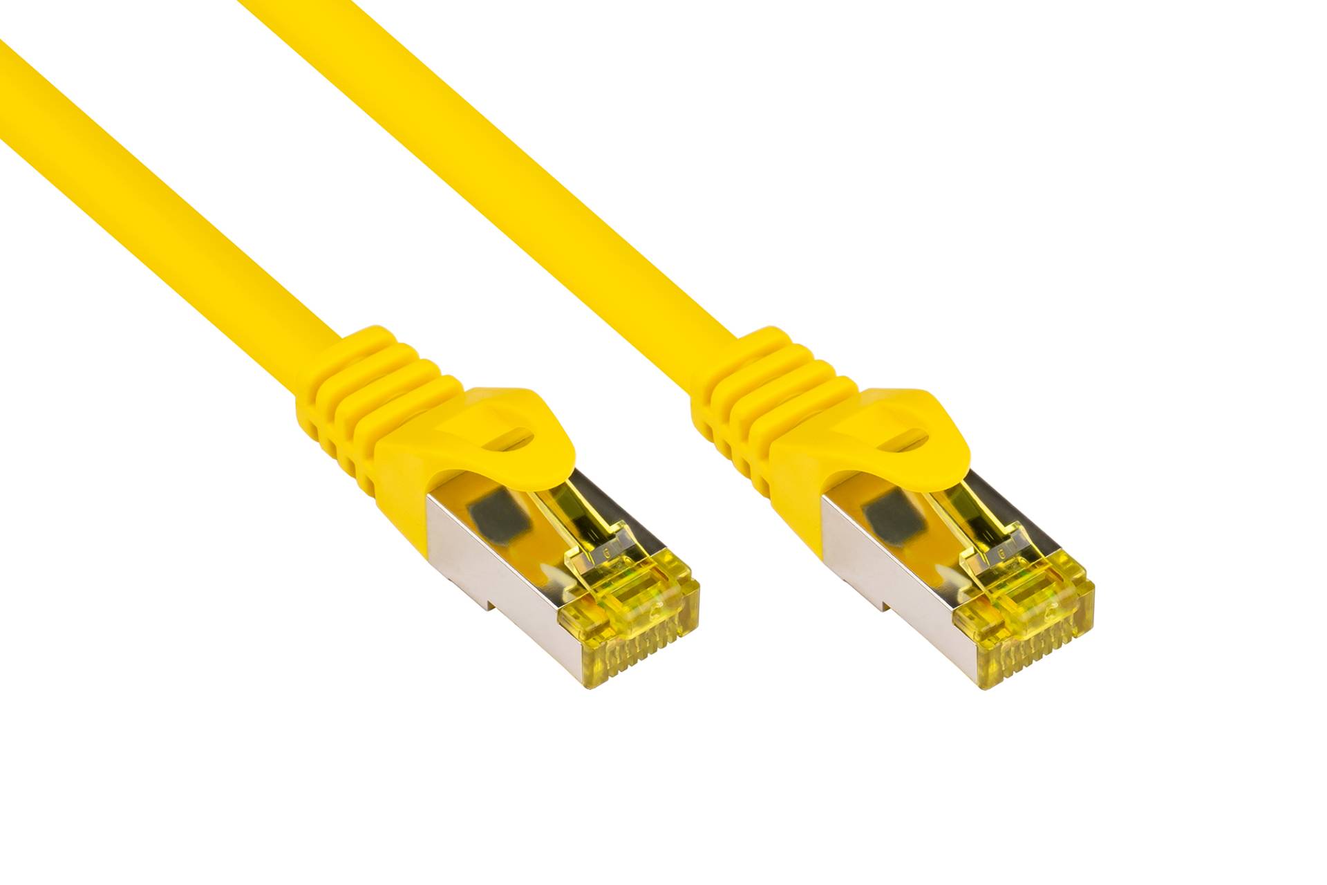 RJ45 Patchkabel mit Cat. 7 Rohkabel und Rastnasenschutz (RNS®), S/FTP, PiMF, halogenfrei, gelb, 10m von Kabelmeister