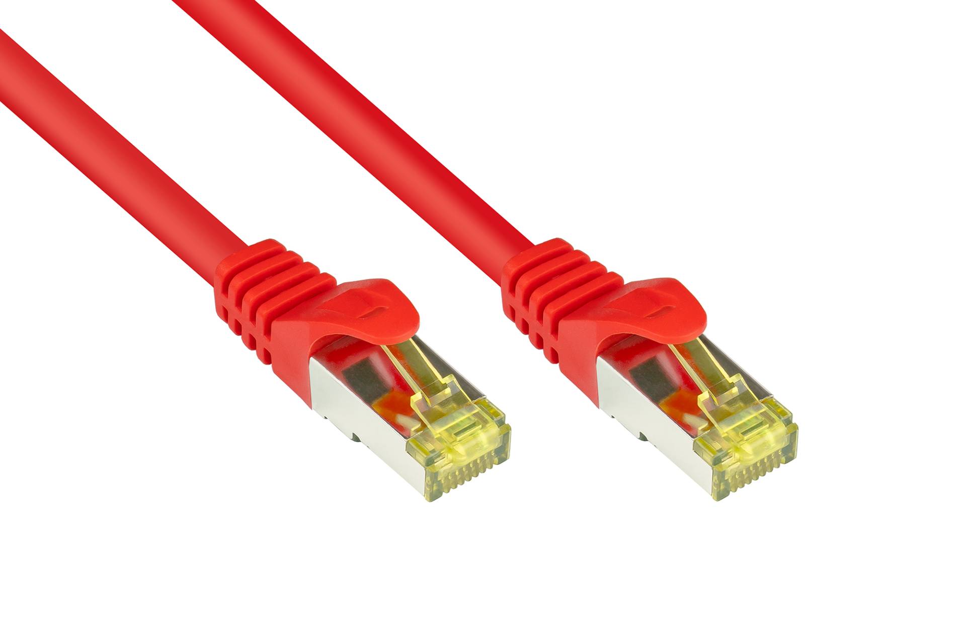 RJ45 Patchkabel mit Cat. 7 Rohkabel und Rastnasenschutz (RNS®), S/FTP, PiMF, halogenfrei, rot, 0,15m von Kabelmeister