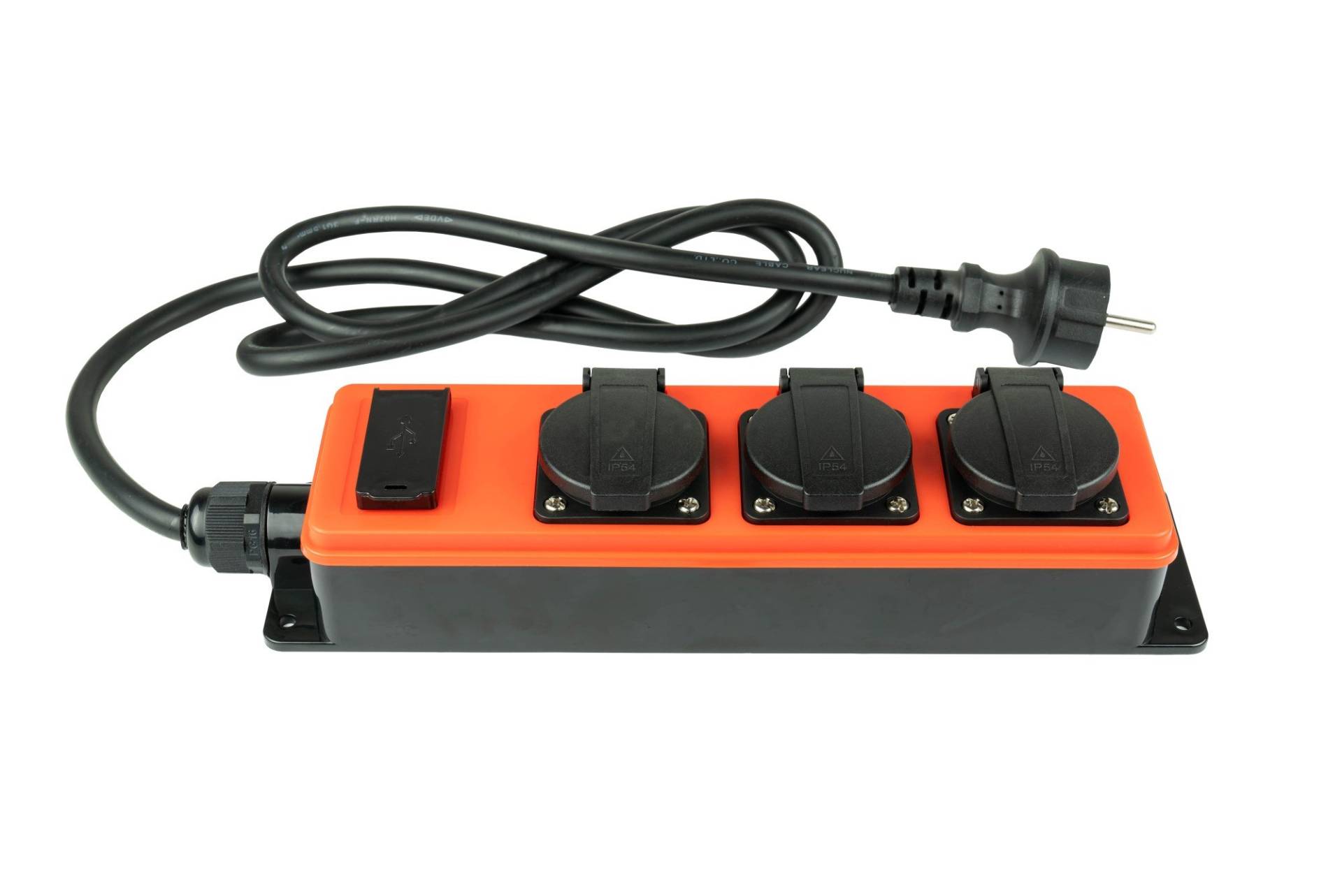 Steckdosenleiste Outdoor, 3-Schutzkontakt-Buchse (IP54/IP20), 2x USB-A Buchse, orange/schwarz, 1,5m von Kabelmeister