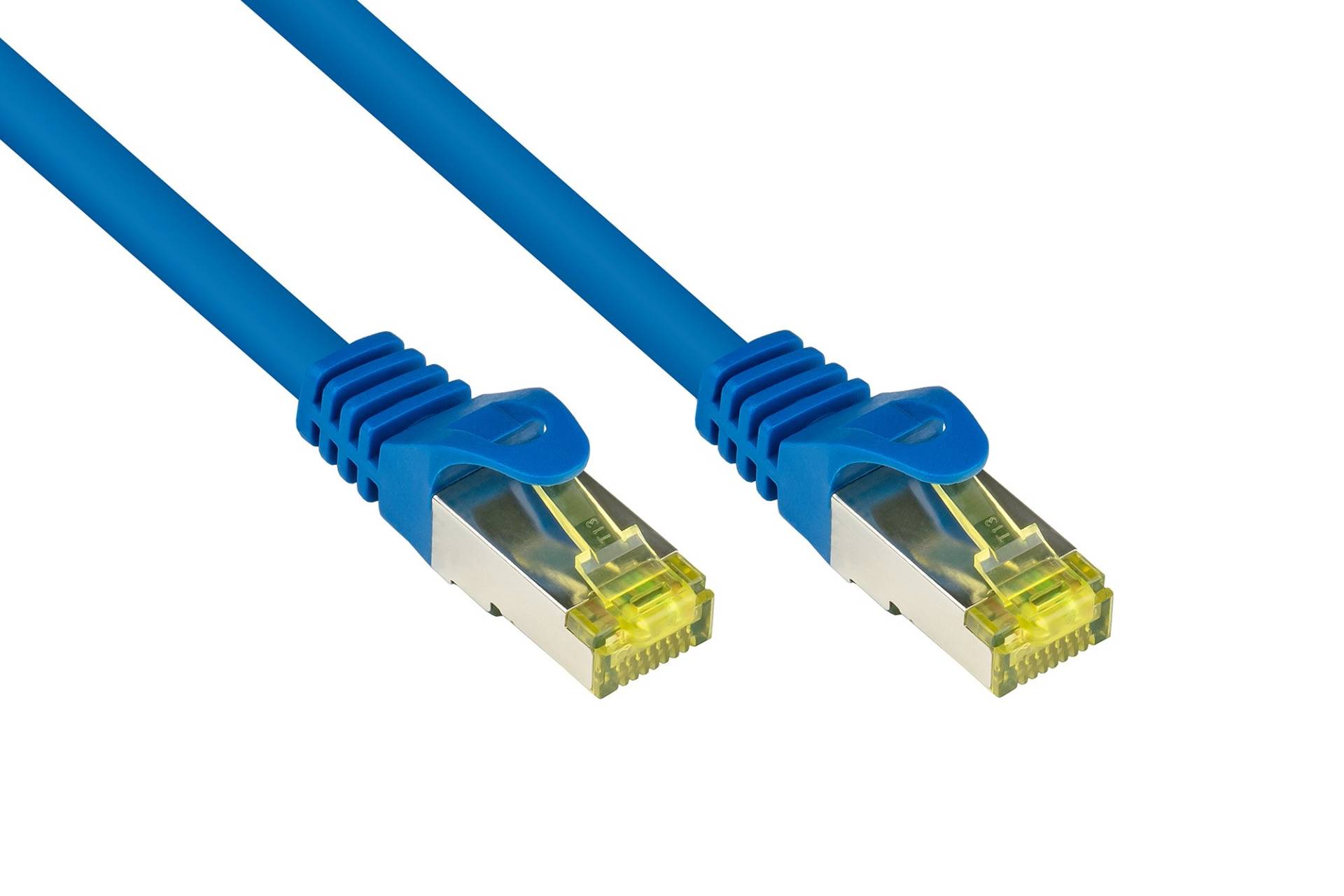 kabelmeister® RJ45 Patchkabel mit Cat. 7 Rohkabel und Rastnasenschutz (RNS®), S/FTP, PiMF, halogenfrei, 500MHz, OFC, blau, 0,25m von Kabelmeister