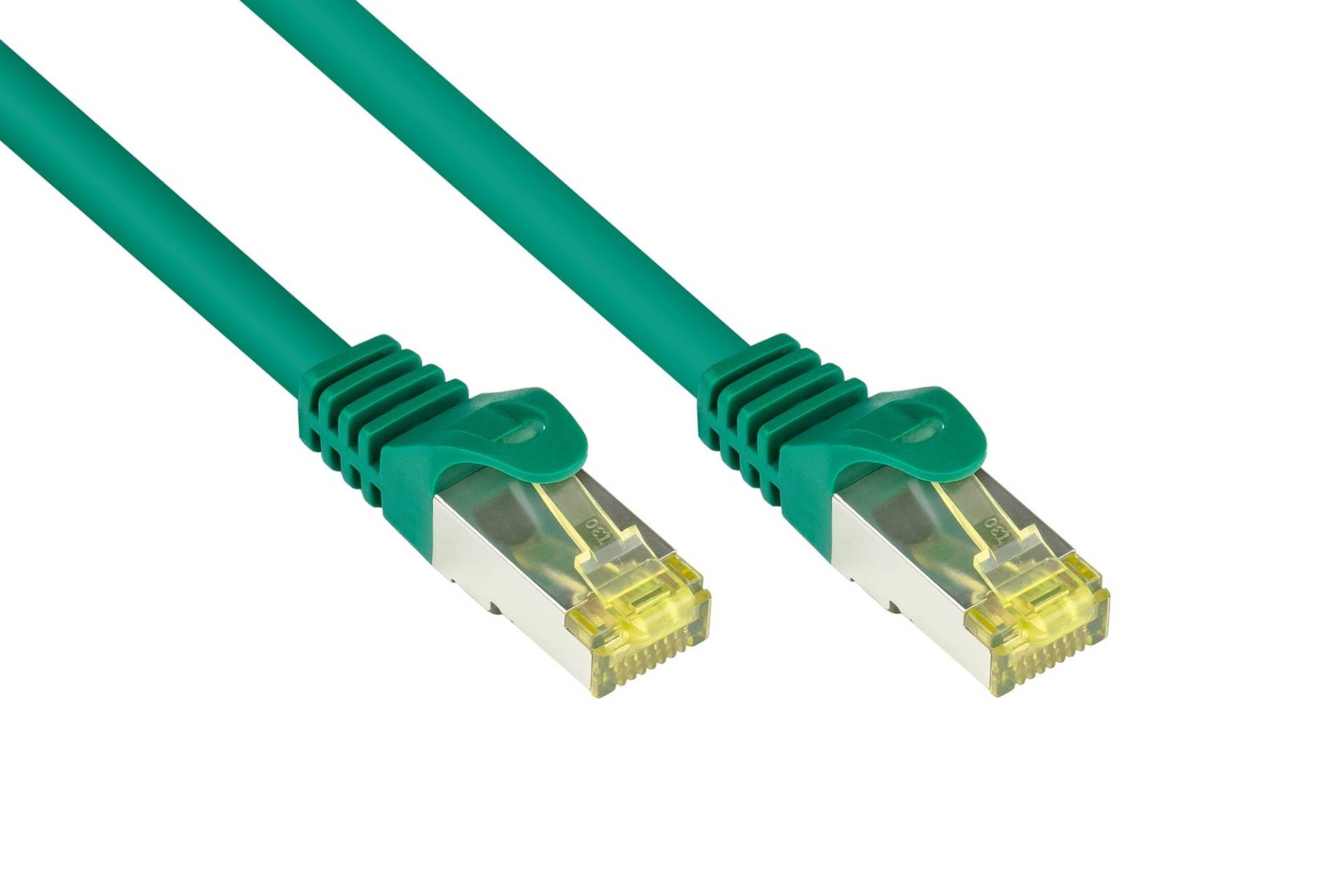 kabelmeister® RJ45 Patchkabel mit Cat. 7 Rohkabel und Rastnasenschutz (RNS®), S/FTP, PiMF, halogenfrei, 500MHz, OFC, grün, 0,15m von Kabelmeister