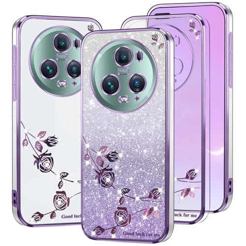 Kainevy Für Honor Magic 5 Pro Hülle Durchsichtig Glitzer Luxus für Frauen, Bling Handyhülle Honor Magic 5 Pro Silikon Klar Weich Case Rosa Blumen Stoßfest Schutzhülle Dünn (Lila) von Kainevy