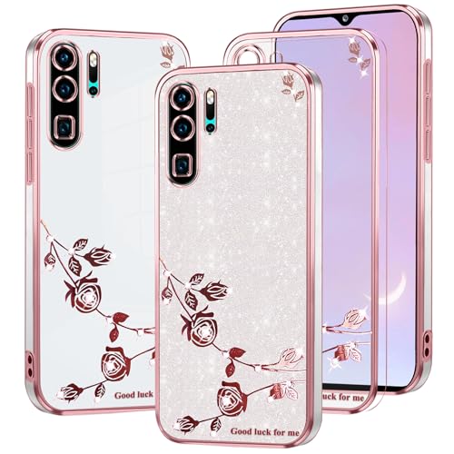 Kainevy Für Huawei P30 PRO Hülle Durchsichtig Silikon Weich TPU mit Diamant Bling Bling, Handyhülle Huawei P30 PRO Glitzer Blumen Luxury 2 in 1 Trennbare Case Rosa Dünn (Rosa-Silber) von Kainevy