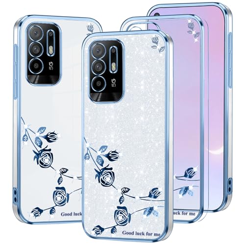 Kainevy Für Oppo A94 5G Hülle Durchsichtig Glitzer Luxus für Frauen, Bling Handyhülle Oppo A94 5G Hülle Silikon Klar Weich Case Rosa Blumen Schutzhülle Dünn (Blau-Silber) von Kainevy