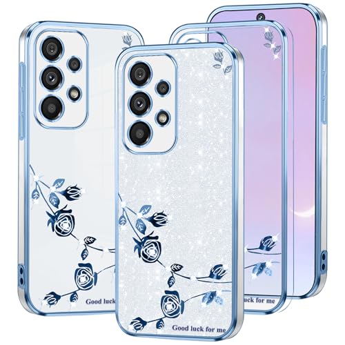 Kainevy Für Samsung Galaxy A52 Hülle Glitzer Durchsichtig mit Diamant Bling Bling, Handyhülle Samsung A52 Hülle Silikon Weich TPU Blumen Luxury 2 in 1 Trennbare Case Rosa Dünn (Blau-Silber) von Kainevy