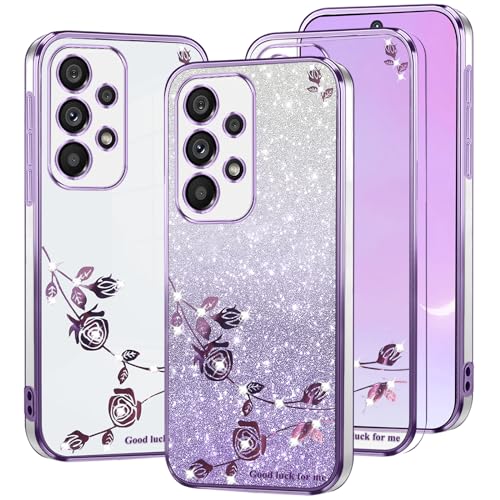 Kainevy Für Samsung Galaxy A52 Hülle Glitzer Durchsichtig mit Diamant Bling Bling, Handyhülle Samsung A52 Hülle Silikon Weich TPU Blumen Luxury 2 in 1 Trennbare Case Rosa Dünn (Lila) von Kainevy