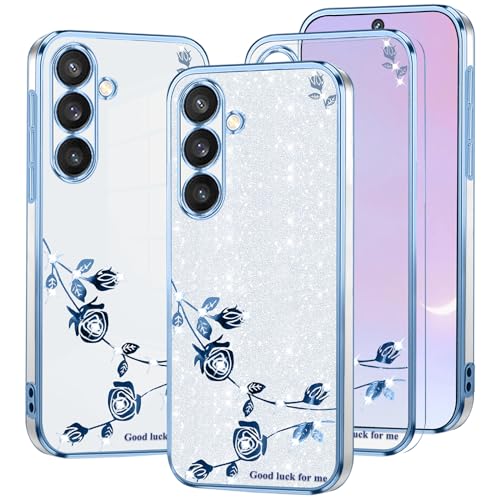 Kainevy Für Samsung Galaxy A54 5g Hülle Glitzer Durchsichtig mit Diamant Bling Bling, Handyhülle Samsung A54 5g Hülle Silikon Weich TPU Blumen Luxury 2 in 1 Trennbare Case Rosa Dünn (Blau-Silber) von Kainevy