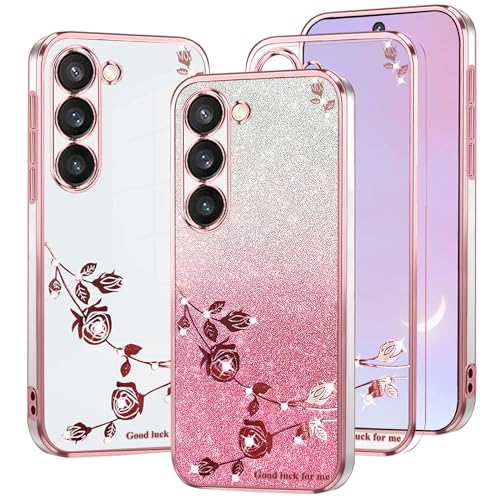 Kainevy Für Samsung Galaxy S23 Plus Hülle Glitzer Durchsichtig mit Diamant Bling Bling, Handyhülle Samsung S23 Plus Hülle Silikon Weich TPU Blumen Luxury 2 in 1 Trennbare Case Rosa Dünn (Rosa) von Kainevy