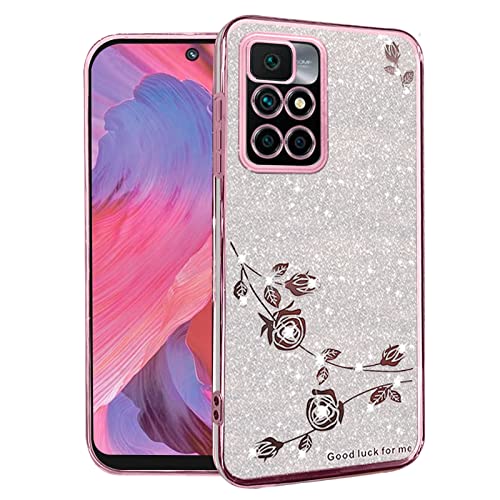 Kainevy Für Xiaomi Redmi 10 Hülle Durchsichtig Glitzer Luxus für Frauen, Bling Handyhülle Xiaomi Redmi 10 2022 Silikon Klar Weich Case Rosa Blumen Schutzhülle Dünn (Rosa-Silber) von Kainevy