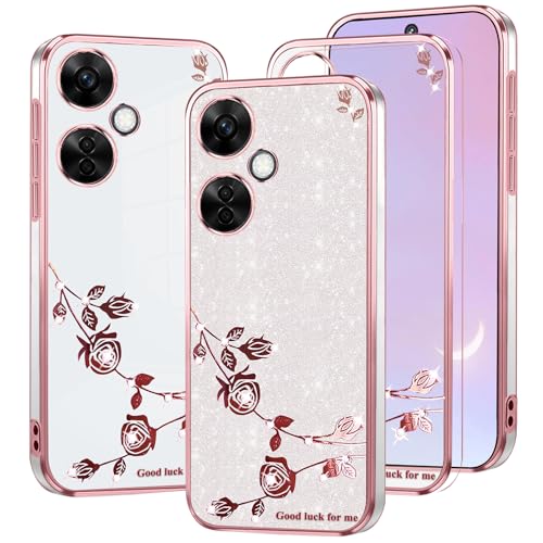 Kainevy Schutzhülle für Oneplus Nord N30 5G, transparent, Glitzer, niedliches Rosenmuster, für Damen und Mädchen, glitzernd, Silikon, stoßfest, schlankes, glänzendes Design, Rosa-Silber von Kainevy