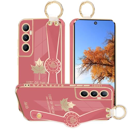 Kainevy für Realme C65 Hülle Silikon Weich TPU Aesthetic Lila Handyhülle Realme C65 mit Band Handgelenk Cover Dünn Schutzhülle mit Ahornblätter Muster Design (Kamelienrot) von Kainevy