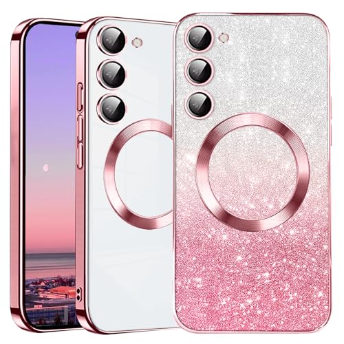 Kainevy für Samsung Galaxy S23 Plus Hülle Durchsichtig Glitzer mit Kameraschutz, Stoßfest Magnetisch Samsung S23 Plus Hülle Silikon Bling Aesthetic Case Rosa für Mädchen (Rosa) von Kainevy