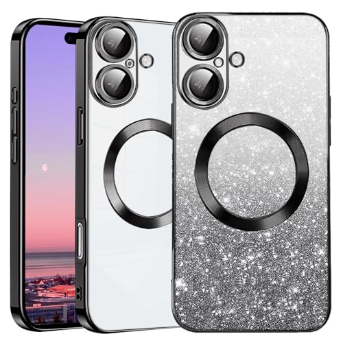 Kainevy für iPhone 16 Plus Hülle Durchsichtig Glitzer mit Kameraschutz Kompatibel mit MagSafe, Stoßfest Magnetisch Handyhülle iPhone 16 Plus Silikon Bling Aesthetic Case Rosa für Mädchen (Schwarz) von Kainevy