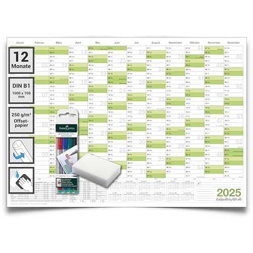 Kalenderoutlet Din B1 Wandkalender 2025 abwischbar XXL Jahresplaner 100x70 cm groß inklusive 4 Marker und Schwamm, feucht korrigierbar. Jahreskalender, Kalender 2025 in deutscher Sprache von Kalenderoutlet