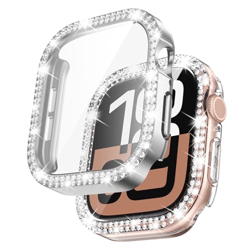 Kamita [2Stück] Diamond Hülle Kompatibel mit Apple Watch 10 46mm, Glitzer Hart PC Bumper Case mit 9H Hartglas Displayschutzfolie für iWatch10, Stoßfest Glitzerhüll für Frauen Mädchen (Klar+Silber) von Kamita