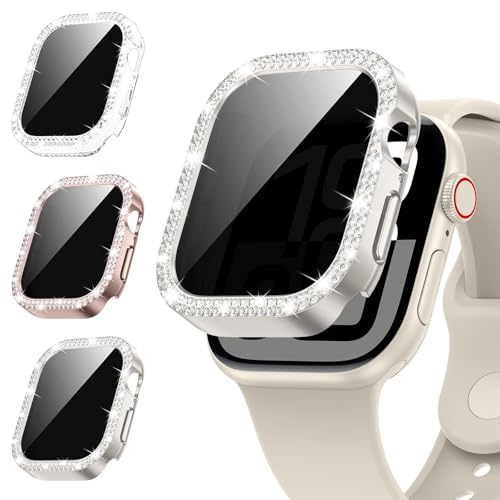 [3Stück] Kamita Diamant Privatsphäre Hülle Kompatibel mit Apple Watch 10 42mm, Glitzer PC Bumper Case mit Hartglas Sichtschutzfolie, Anti-Spy Glitzerhüll für iWatch 10 (Klar+Sternenlicht+Roségold) von Kamita