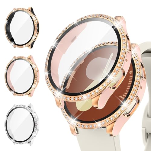 Kamita [3Stück] Diamant Hülle für Samsung Galaxy Watch 7 40mm, Glitzer Hart PC Bumper Case mit Hartglas Displayschutzfolie Schutzhülle für Galaxy Watch7 (Schwarz-Roségold+Rosa-Roségold+WeißerSilber) von Kamita