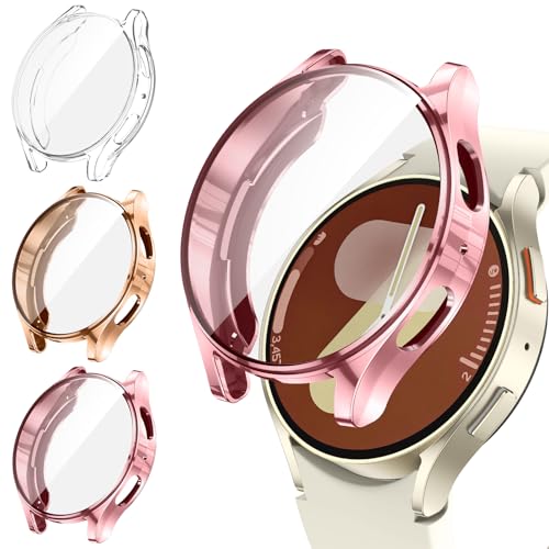 [3Stück] Kamita Hülle Kompatibel mit Samsung Galaxy Watch 7 44mm Schutzhülle, Weich TPU Bumper Case mit Displayschutzfolie, Volle Abdeckung Schutz Hüllen für Galaxy Watch7 (Klar+Roségold+RoséRosa) von Kamita