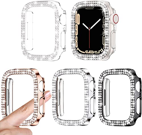 [4Stück] Kamita Diamant Hülle für Apple Watch Series 9/Series 8/Series 7 45mm, Glitzer Hart PC Bumper Case Stoßfeste Schutzhülle für iWatch9/iWatch8 [Kein Displayschutz](Klar+Silber+Schwarz+Roségold) von Kamita