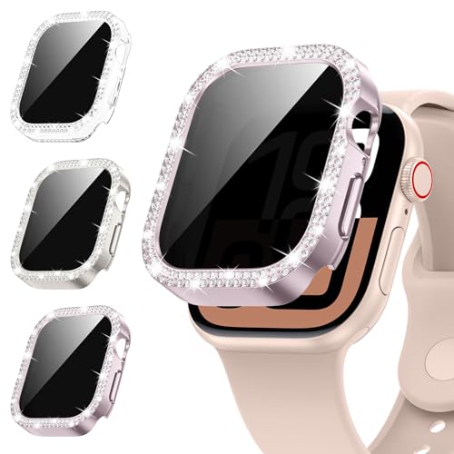 Kamita [3Stück] Diamant Privatsphäre Hülle Kompatibel mit Apple Watch Serie 10 42mm, Glitzer PC Bumper Case mit Hartglas Sichtschutzfolie, Anti-Spy Glitzerhüll für iWatch10 (Klar+Sternenlicht+Rosa) von Kamita