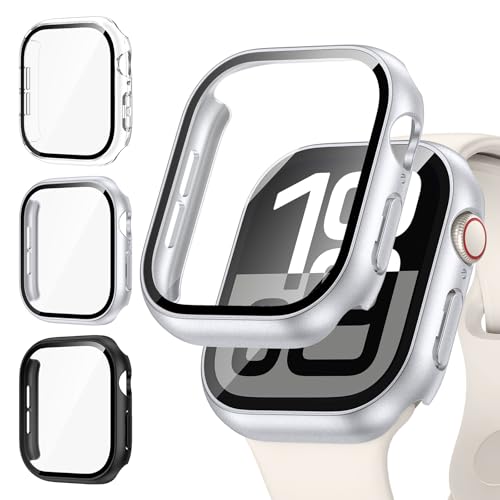 Kamita [3Stück] Hülle Kompatibel mit Apple Watch 10 42mm Schutzhülle mit Displayschutzfolie aus 9H Gehärtetem Glas, Hart PC Bumper Case Rundumschutz Gehäuse für iWatch10(Klar+Schwarz+Silber) von Kamita