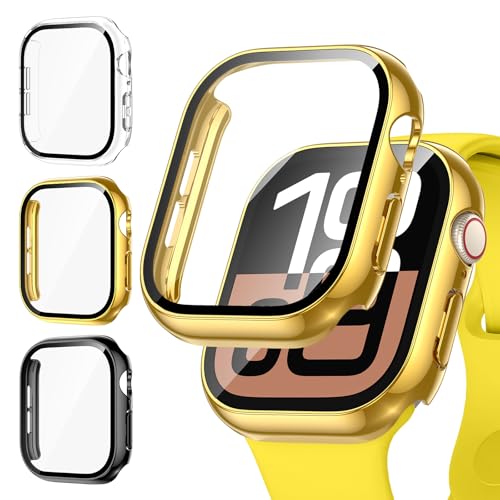 [3Stück] Kamita Hülle Kompatibel mit Apple Watch Serie 10 46mm Schutzhülle mit Displayschutz aus 9H Gehärtetem Glas, Hart PC Bumper Case Voller Körper Schutz Gehäuse für iWatch10 (Klar+Gold+Schwarz) von Kamita