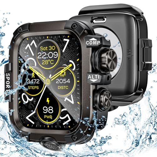 Kamita wasserdichte Hülle Kompatibel mit Apple Watch Serie 9/8/7 45mm, 2 in 1 Robuste Metall Bumper Case mit 9H Hartglas Displayschutzfolie, 360° Rundum Schutzhülle für iWatch 45mm (Schwarz-Graphit) von Kamita