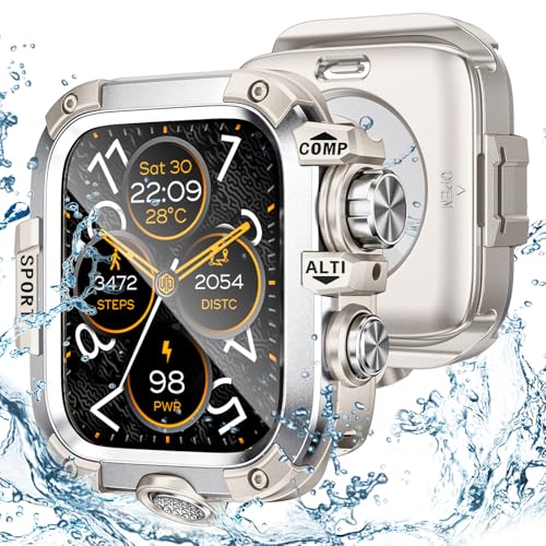 Kamita wasserdichte Hülle Kompatibel mit Apple Watch Serie 9/8/7 45mm, 2 in 1 Robuste Metall Bumper Case mit Hartglas Displayschutzfolie, 360° Rundum Schutzhülle für iWatch 45mm (Sternenlicht-Silber) von Kamita