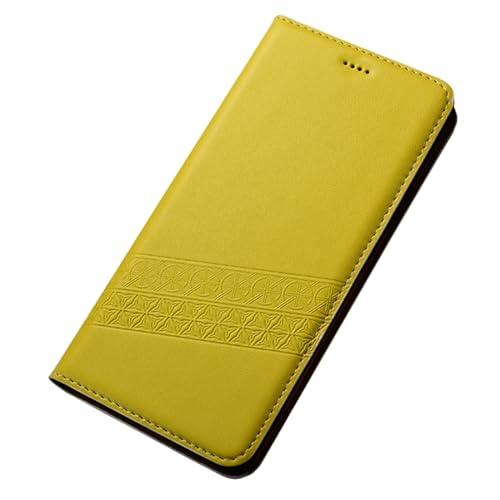 KarFRi Wallet Cover für Samsung Galaxy S24 Ultra/S24 Plus/S24, Echtlederhülle, Objektivschutz mit Kartenschlitz, Magnetklappe, Gelb, S24 von KarFRi