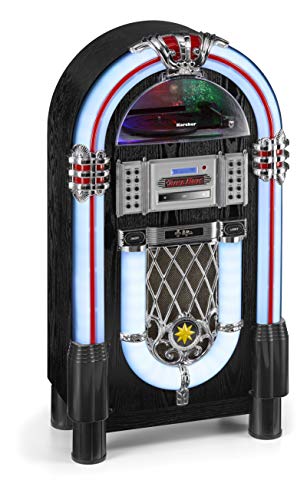 Karcher JB 6608D Jukebox (mit Plattenspieler - CD-Player und Bluetooth Audio Streaming, UKW und DAB+ Radio mit Senderspeicher, MP3-Wiedergabe via USB oder SD-Karte, Lightshow) schwarz von Karcher