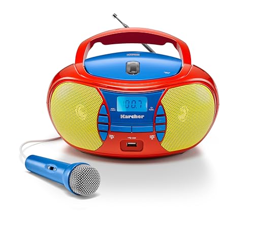 Karcher RR 5026 tragbares CD Radio - bunte Kinder-Boombox mit CD-Player, UKW Radio, USB & Mikrofon - Batterie/Netzbetrieb von Karcher