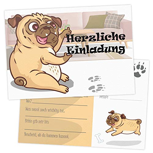 5 Geburtstagskarten zum beschriften im Hund Design mit Umschlägen, Motiv: Mops Pfoten, Einladungskarten mit Tier Motiv für Kinder mit beschreibbaren Feldern, flache Karten Einladung im Set zu 5 Stk. von Kartenkuss