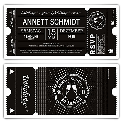 Kartenmachen.de 30 x Geburtstag Einladungen Einladungskarten Eintrittskarten - Schwarz-Weiß Ticket schwarze Version von Kartenmachen.de