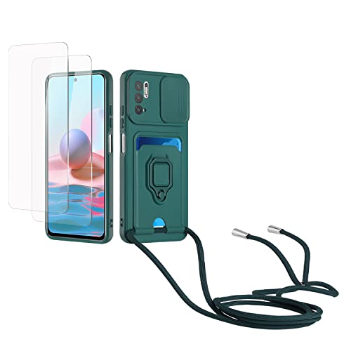 Kaslly Case für Redmi Note 10 5G/Xiaomi Poco M3 Pro 5G Handykette Hülle+[2 Schutzfolie Glas],Slide kameraschutz,Silikon Handyhülle zum Umhängen Kette,Kartenfach-dunkelgrün von Kaslly