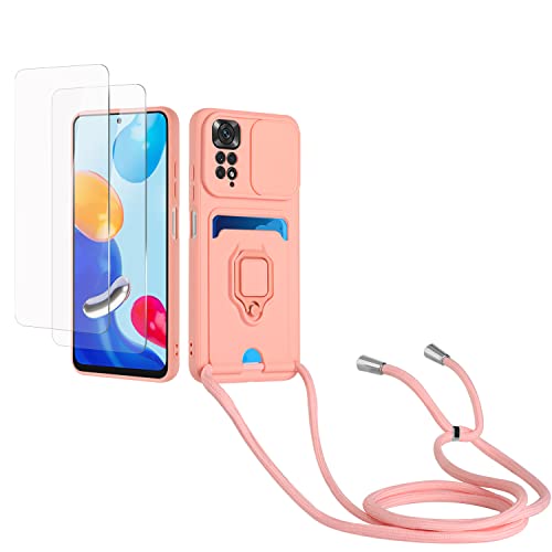 Kaslly Case für Redmi Note 11 Pro/Note 11 Pro 5G Handykette Hülle+[2 Schutzfolie Glas],Slide kameraschutz,Silikon Handyhülle zum Umhängen Kette,Kartenfach-Rosa von Kaslly