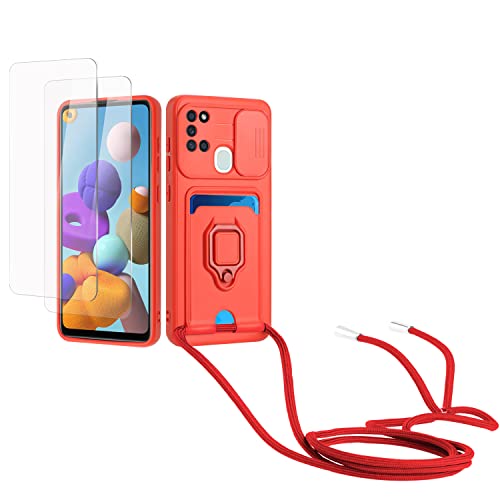 Kaslly Case für Samsung Galaxy A21S Handykette Hülle+[2 Schutzfolie Glas],Slide kameraschutz,Silikon Handyhülle zum Umhängen Kette,Kartenfach-rot von Kaslly