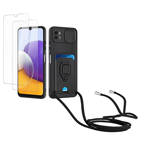 Kaslly Case für Samsung Galaxy A22 5G Handykette Hülle+[2 Schutzfolie Glas],Slide kameraschutz,Silikon Handyhülle zum Umhängen Kette,Kartenfach-Schwarz von Kaslly