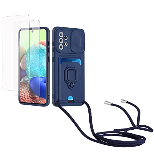 Kaslly Case für Samsung Galaxy A32 5G/M32 5G Handykette Hülle+[2 Schutzfolie Glas],Slide kameraschutz,Silikon Handyhülle zum Umhängen Kette,Kartenfach-Navy blau von Kaslly