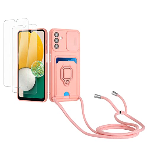 Kaslly Case für Samsung Galaxy A55 Handykette Hülle+[2 Schutzfolie Glas],Slide kameraschutz,Silikon Handyhülle zum Umhängen Kette,Kartenfach-Rosa von Kaslly