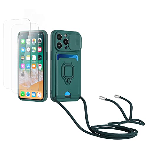 Kaslly Case für iPhone 14 Pro Max Handykette Hülle+[2 Schutzfolie Glas],Slide kameraschutz,Silikon Handyhülle zum Umhängen Kette,Kartenfach-dunkelgrün von Kaslly